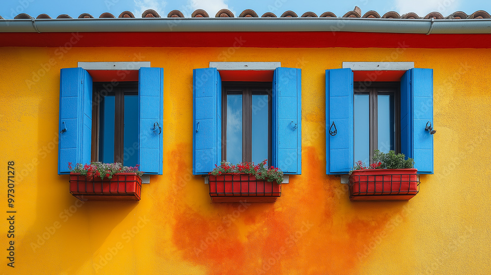 Aufkleber three windows with blue shutters and red baskets in front of them. the windows are open and the bask