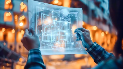 Engineer holding doing architect indoors architecture hologram blueprint planning construction industry business, paper design home interior engineering construction site working innovation futuristic