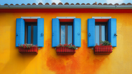 Three windows with blue shutters and red baskets in front of them. The windows are open and the baskets are filled with flowers. Scene is bright and cheerful