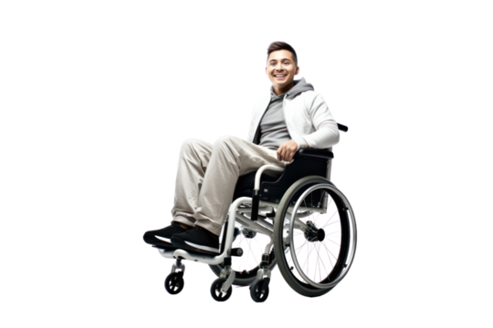 Cheerful young man with a contagious smile sitting in a modern wheelchair, isolated on white background. - Powered by Adobe