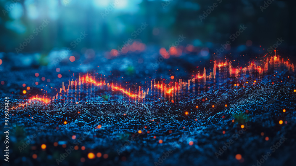 Poster a blue and orange background with a line of red dots. the red dots are scattered throughout the imag