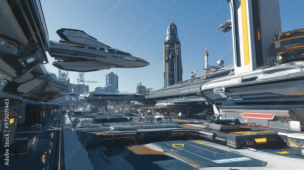 Poster a futuristic spaceport with advanced spacecraft and launch systems.