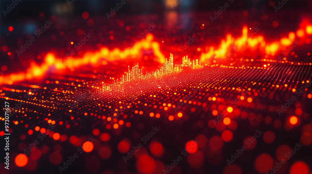 Poster a red background with a red line that is dotted with red dots. the dots are arranged in a way that c