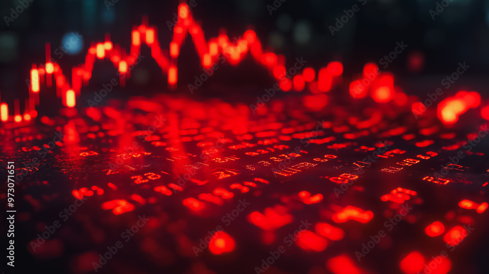 Poster a red screen with numbers and lines that look like they are falling. scene is one of financial insta