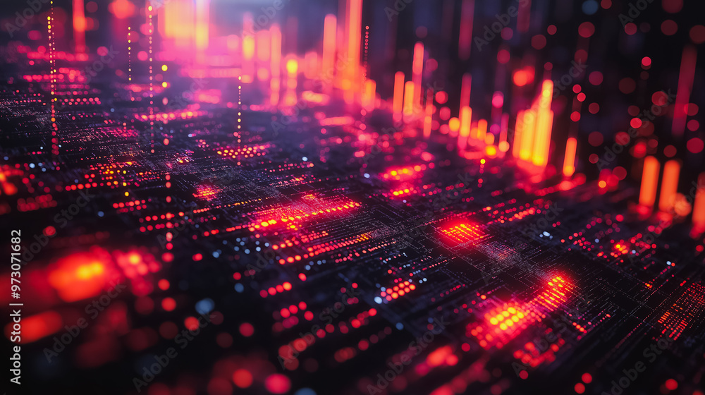 Poster a computer generated image of a cityscape with a red and orange background. the image is full of bri