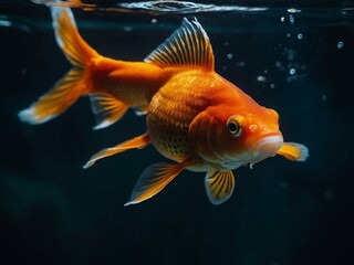 Goldfish seen up close in an aquarium with dark water behind.