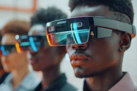 Close-up of a group of diverse individuals wearing futuristic augmented reality glasses, focusing on innovation and advanced technology in a modern setting.