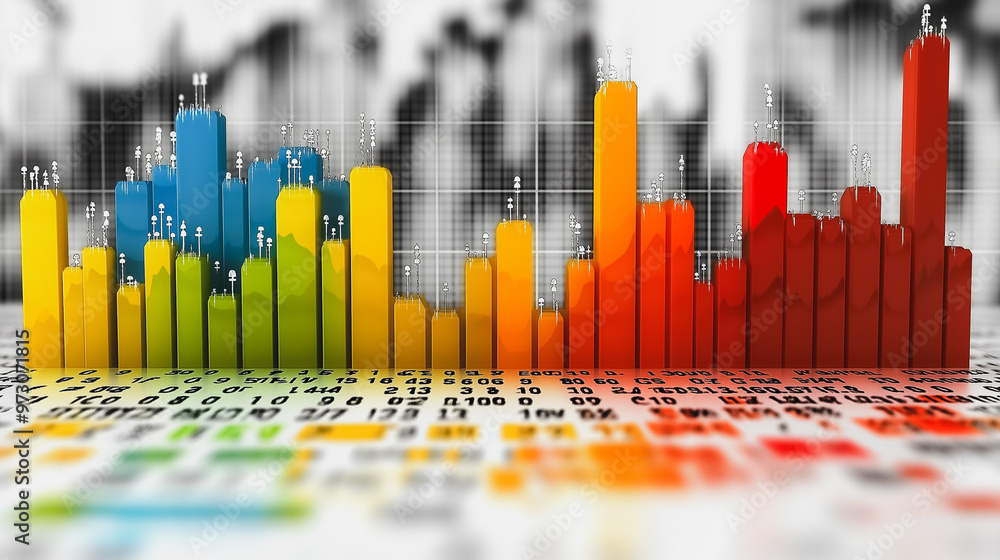 Poster a colorful graph with many different colored bars. the bars are arranged in a rainbow pattern. the g