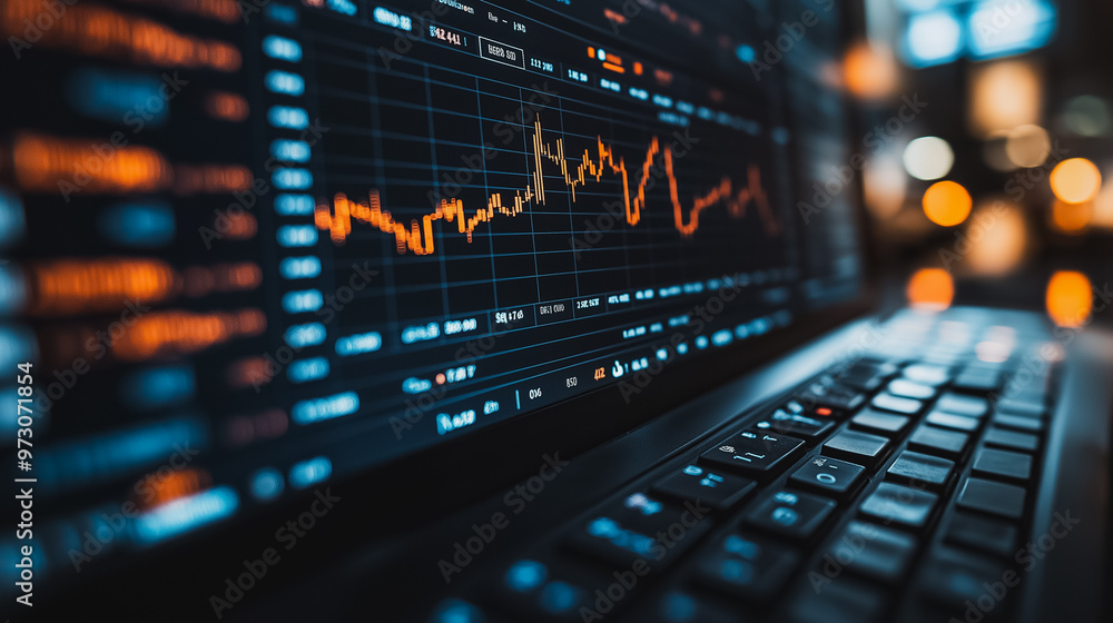 Poster a computer screen shows a graph of stock prices. the graph is orange and black, with the orange line