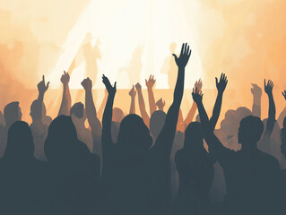 Fototapeta premium Christian worship young people silhouette lifting hand 