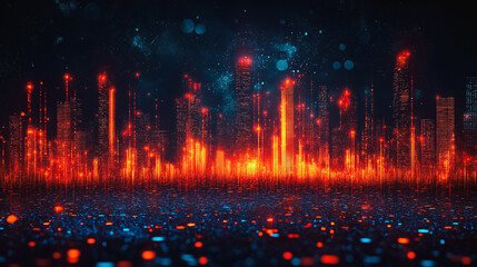 Fototapeta premium A cityscape with many buildings and lights in the background. The city is lit up in red and blue colors