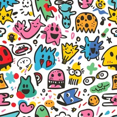 Naklejka premium Whimsical Doodle Pattern with Playful Shapes and Characters