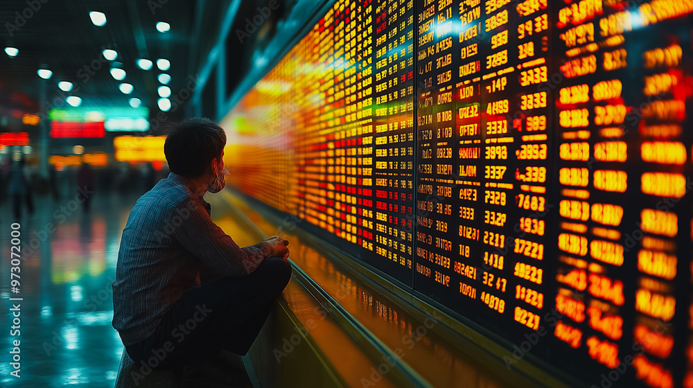 Poster a man is sitting in front of a large screen with many numbers on it. he is looking at the screen int