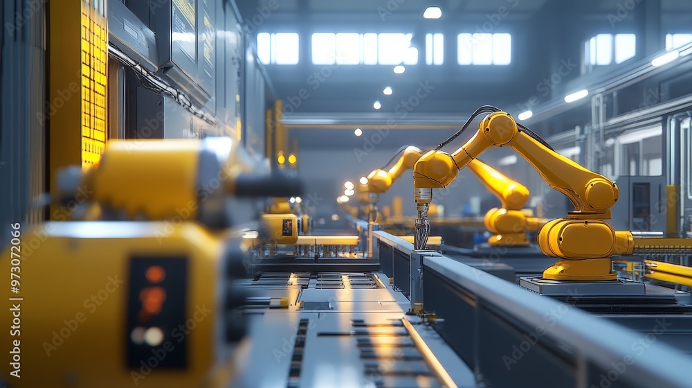 Aufkleber a high-tech manufacturing facility with automation and ai integration. the scene features robotic as