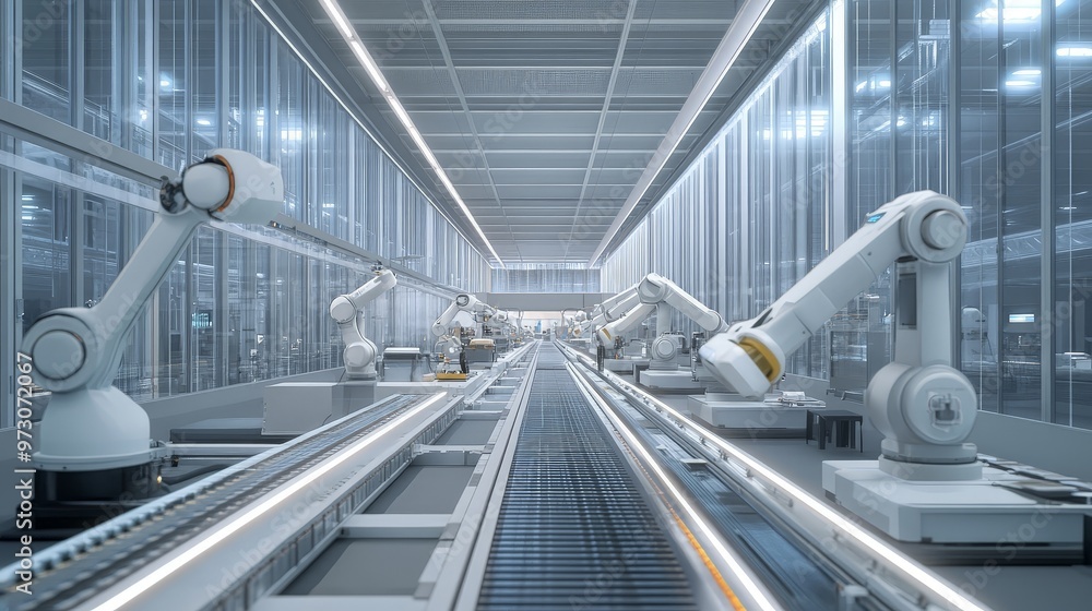 Poster a high-tech manufacturing facility with automation and ai integration. the scene features robotic as