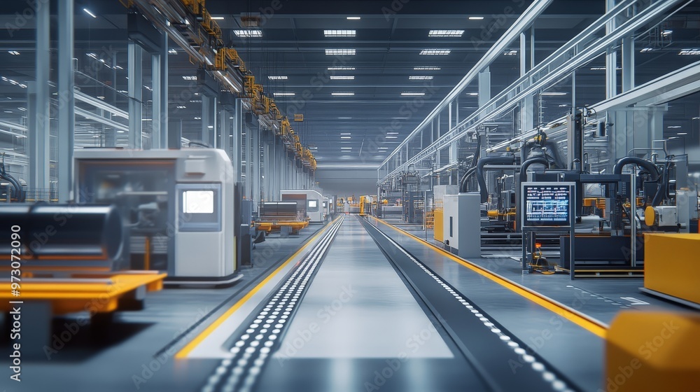 Poster a high-tech manufacturing facility with automation and ai integration. the scene features robotic as