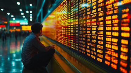 A man is sitting in front of a large screen with many numbers on it. He is looking at the screen intently