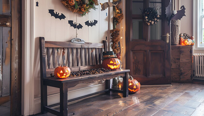 Wooden bench with Halloween decorations in festive hallway