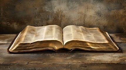 An open vintage book with worn leather cover, resting on a wooden surface. The pages are filled with text, hinting at wisdom and knowledge within.