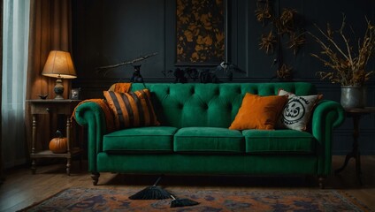 Halloween-themed living room with green sofa and broom