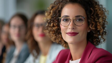 Fototapeta premium A smiling young businesswoman with curly hair, wearing a lanyard and professional attire, standing confidently in a modern business environment.