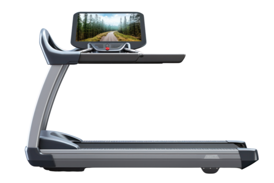 High-end treadmill with large touch screen, isolated on white background.