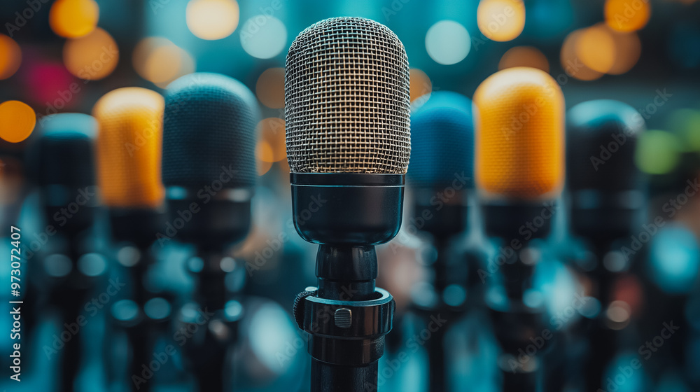 Poster a microphone is the center of attention in a group of microphones. the microphone is surrounded by o
