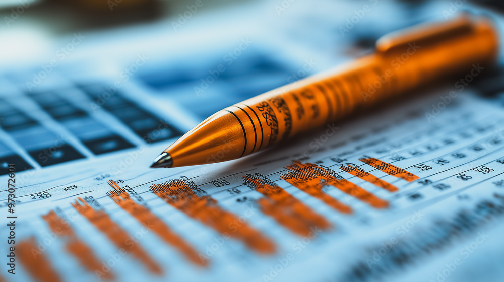 Poster a pen is on top of a sheet of paper with numbers and graphs. the pen is orange and has a black tip
