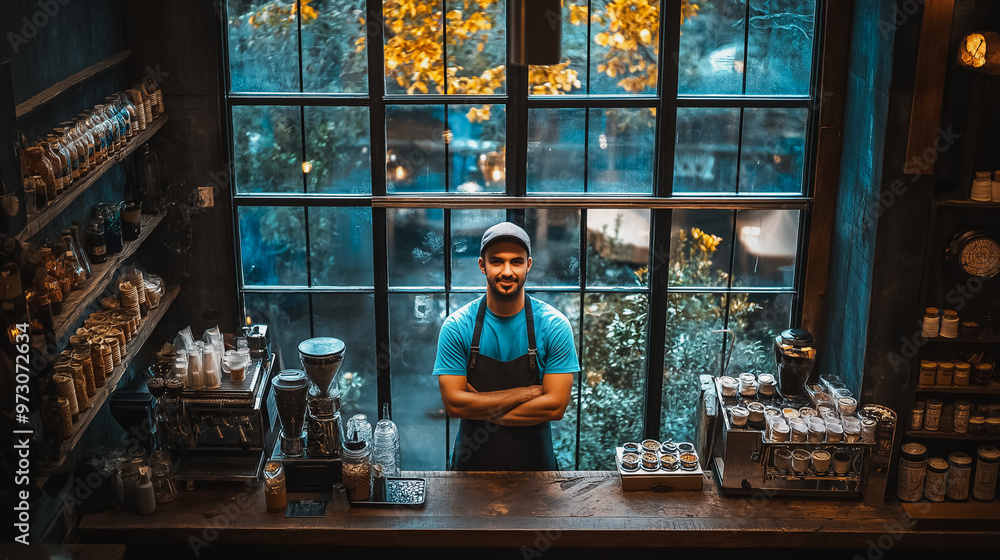 Poster a man stands behind a counter in a bar with a blue apron on. the bar is filled with various bottles 