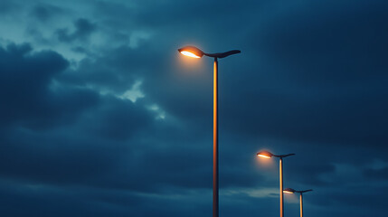 A modern street lamp with LED lights, part of the city's energy-saving system.  The lights line up against the dark sky.