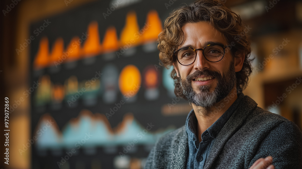 Poster a man with glasses and a beard is smiling at the camera. he is standing in front of a large screen w