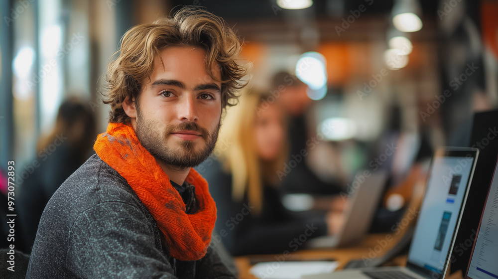 Poster a man with a beard and an orange scarf is sitting at a table with several laptops. he is smiling and