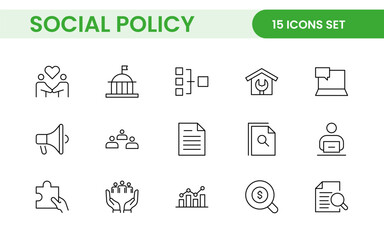 Set of Social Policy and Insuranceline icons. Outline icon collection related to education, insurance, law, goverment and more.