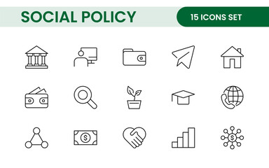 Set of Social Policy and Insuranceline icons. Outline icon collection related to education, insurance, law, goverment and more.