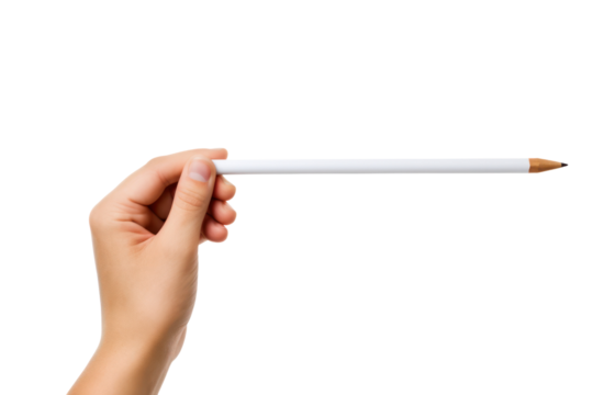 Hand holding pencil ready to write on blank paper, isolated on white background.