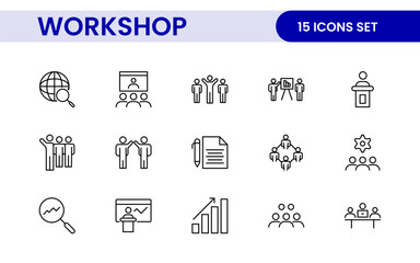 Set of Workshop and Coaching line icons. Outline icon collection related to training, coaching, mentoring, education, meetings, conferences, and teamwork.