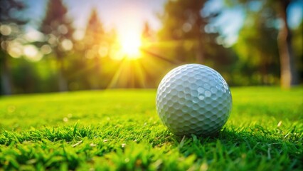 Obraz premium Golf ball sitting on smooth green grass at the golf course