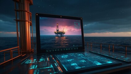 Holographic oil rig data interface with dark ocean background - 3D illustration.