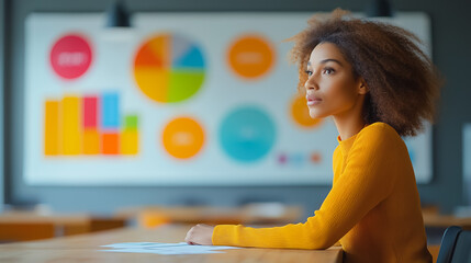 A woman in a yellow shirt is sitting at a desk looking at a white board with colorful pie charts