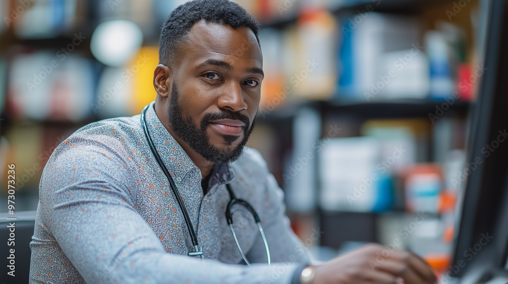 Aufkleber a man wearing a white coat and a stethoscope is sitting in front of a computer. he is smiling and he