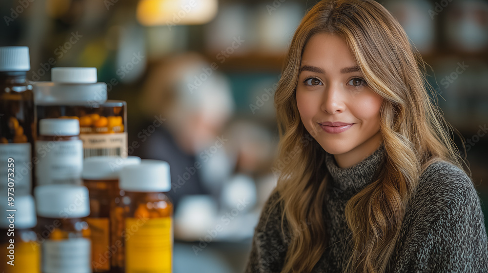 Poster a woman is smiling in front of a stack of medicine bottles. the bottles are of different sizes and c