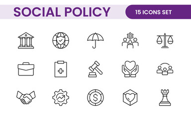 Set of Social Policy and Insuranceline icons. Outline icon collection related to education, insurance, law, goverment and more.