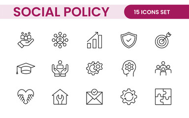 Set of Social Policy and Insuranceline icons. Outline icon collection related to education, insurance, law, goverment and more.