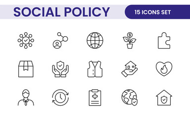 Set of Social Policy and Insuranceline icons. Outline icon collection related to education, insurance, law, goverment and more.