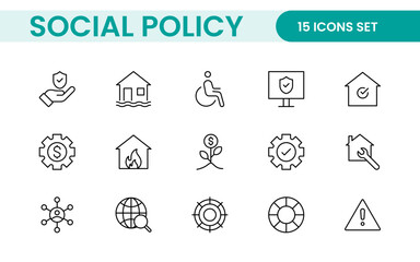 Set of Social Policy and Insuranceline icons. Outline icon collection related to education, insurance, law, goverment and more.