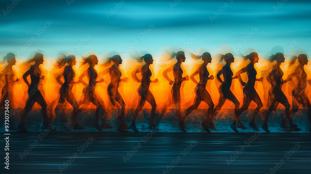 Poster a group of women running in a line with the sun setting in the background. concept of unity and dete