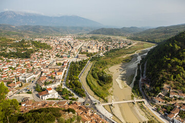 The famous old town of Berat in Albania. Picturesque street with houses from the Ottoman era. Beautiful landscape in central Albania.