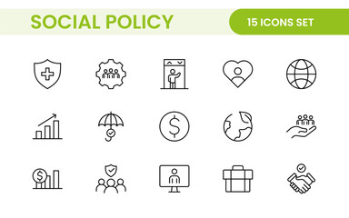 Set of Social Policy and Insuranceline icons. Outline icon collection related to education, insurance, law, goverment and more.