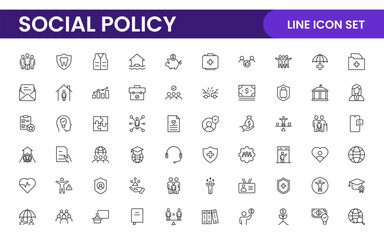 Set of Social Policy and Insuranceline icons. Outline icon collection related to education, insurance, law, goverment and more.