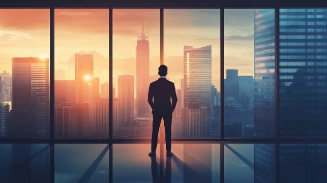 Businessman standing in front of a window overlooking the city skyline, representing ambition and success.